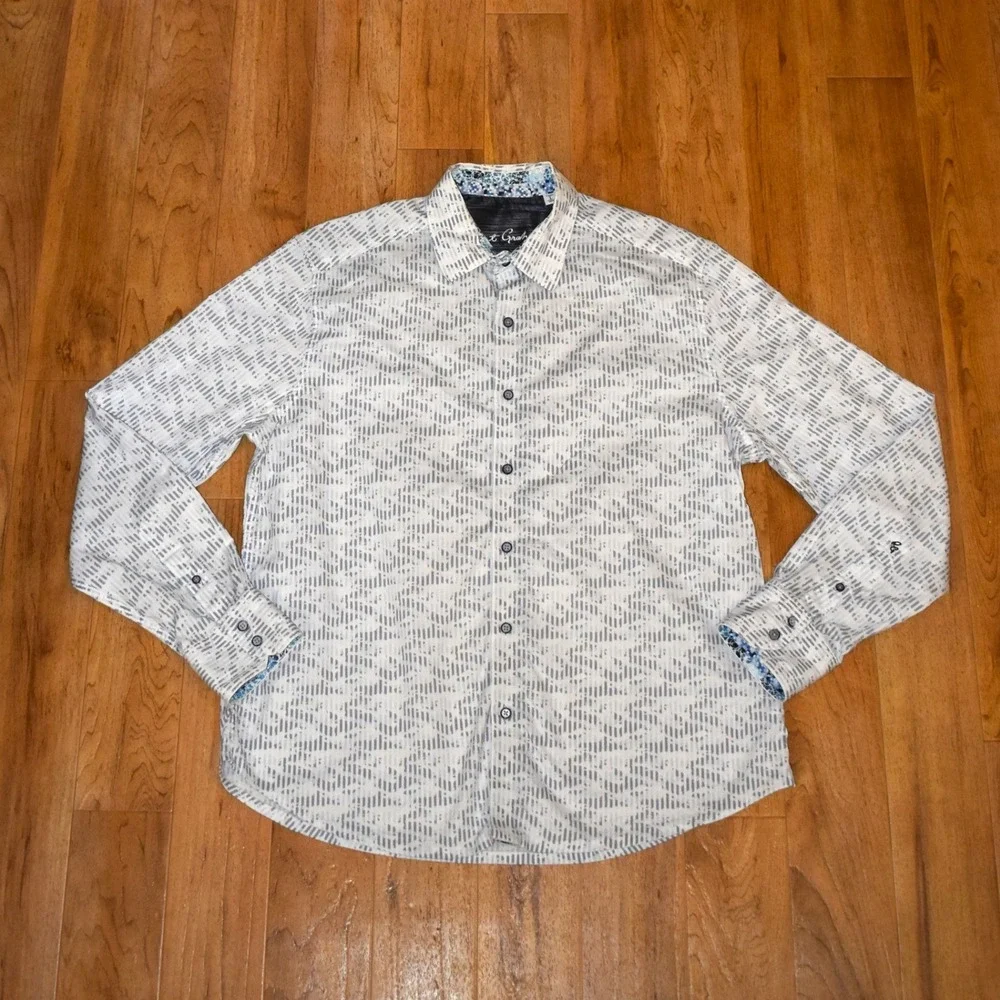 Robert Graham Button Down Shirt Mens Large White Blue Classic Fit Print